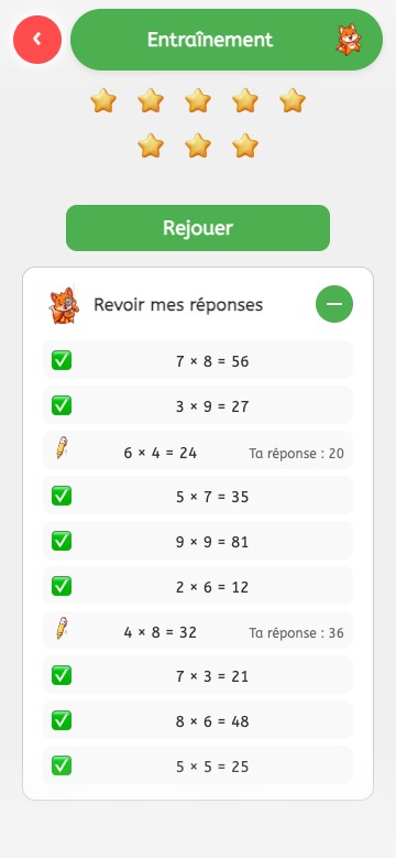 Écran de fin de partie avec le tableau des réponses déplié